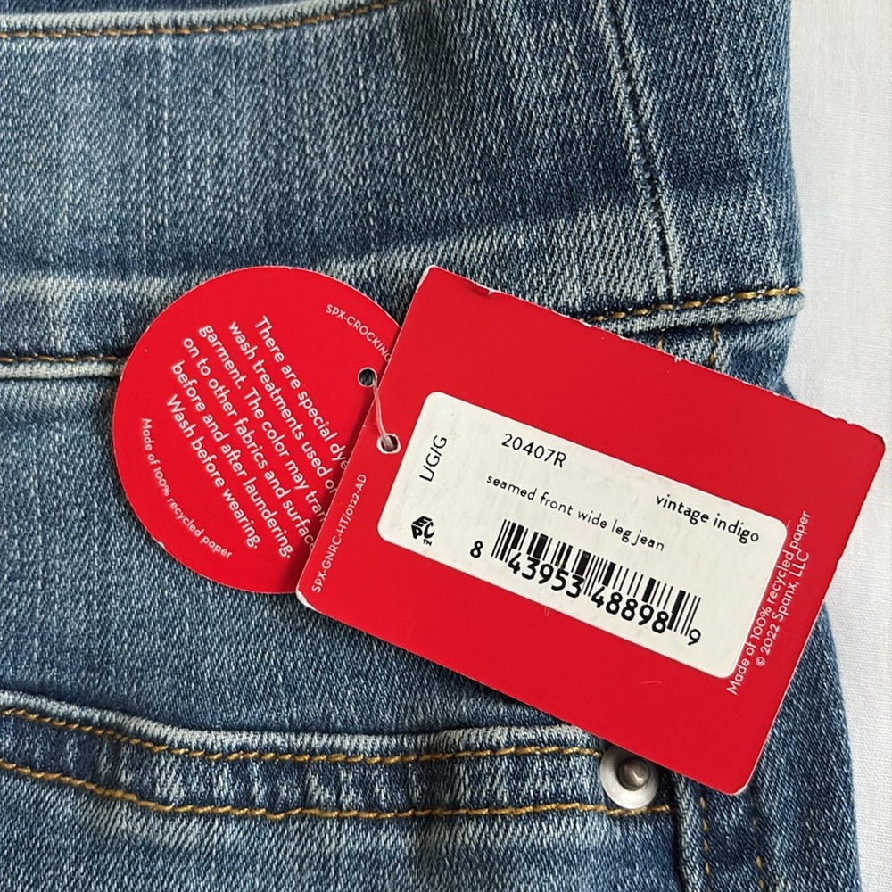 New Vintage Spanx Indigo Denim Blue Jeans Wide Leg Seamed Front Boho Women’s L - Picture 8 of 11